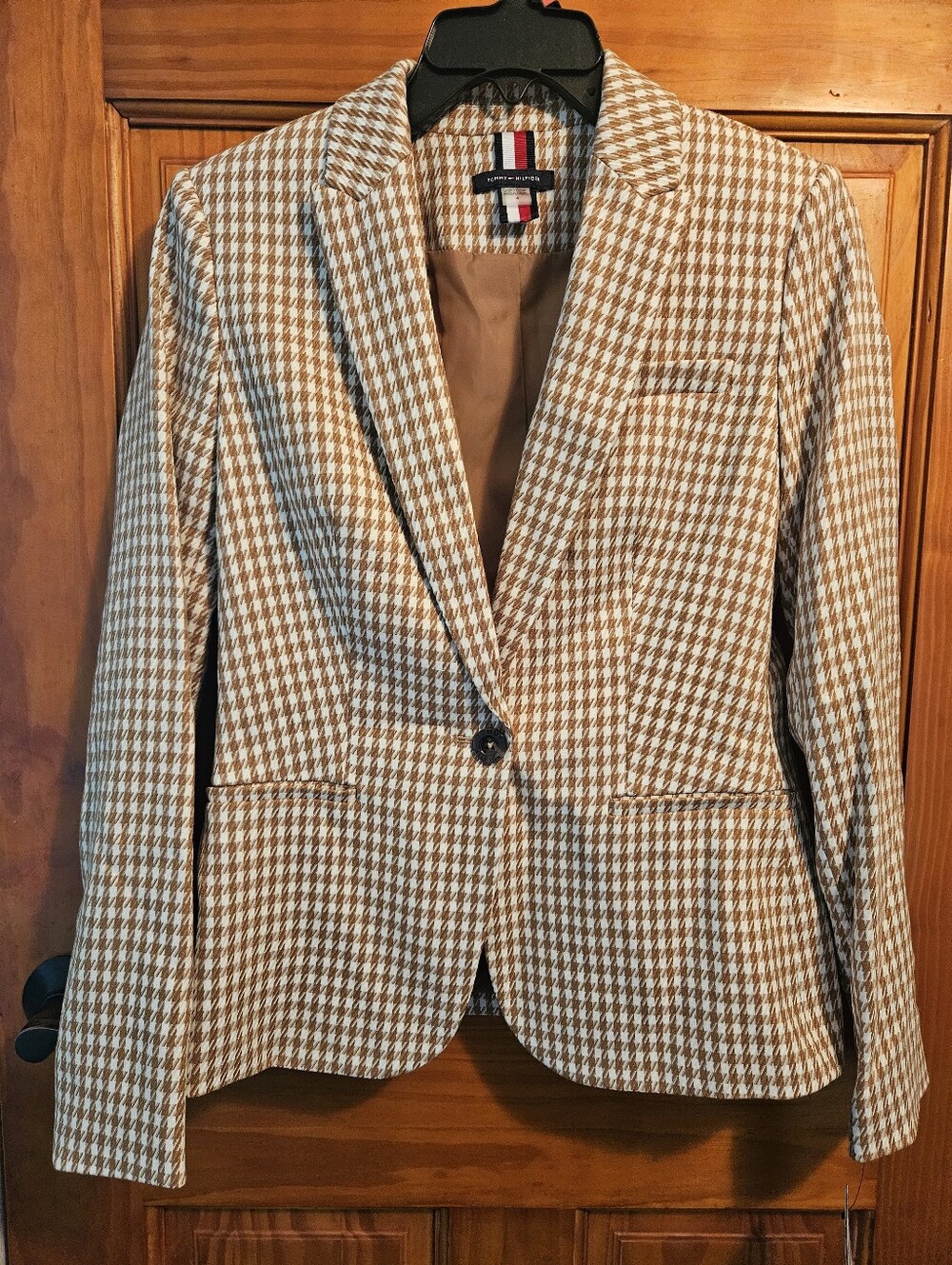 Tommy Hilfiger Check Print Long Sleeve Blazer Tan White Size 4 NWT